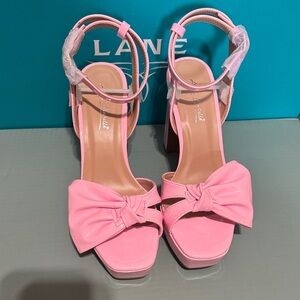 Anne Michelle Pink Bow Block Heel Sandals with Ankle Strap